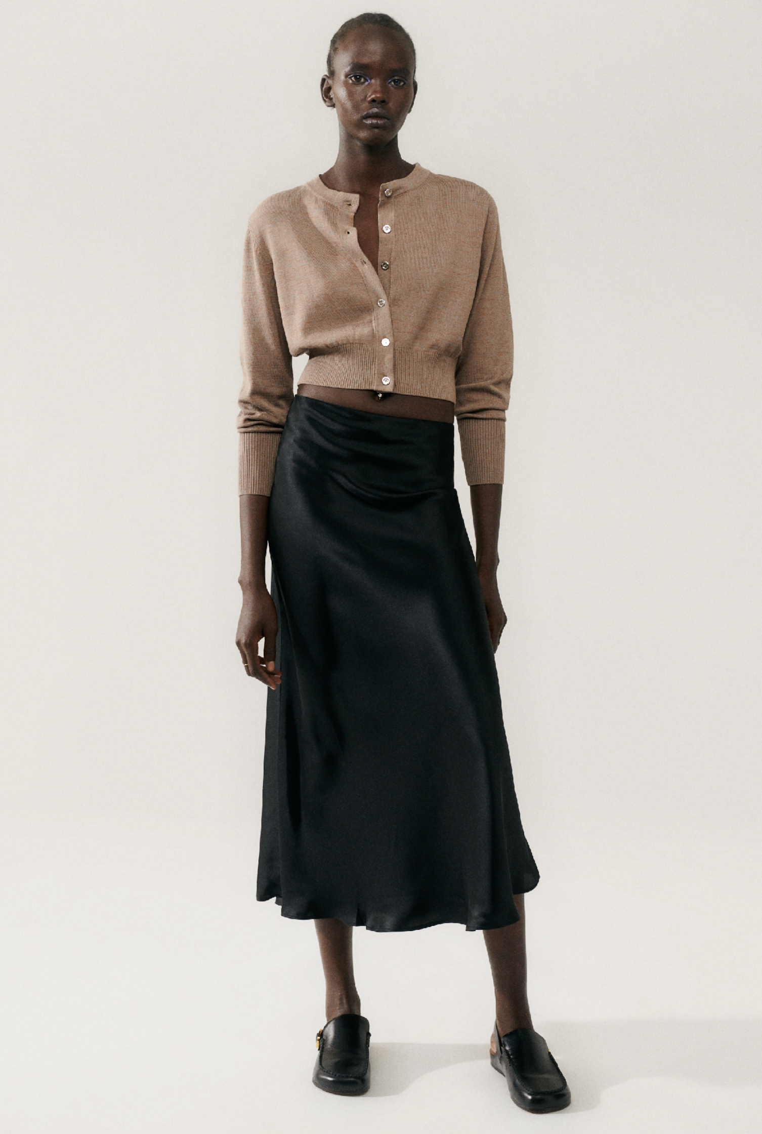 Silk Laundry Long Bias Cut Skirt Black Satin Sisters Co