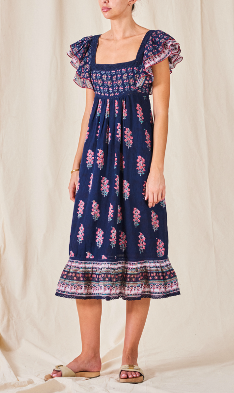 M.A.B.E | Flori Print Midi Dress - Indigo