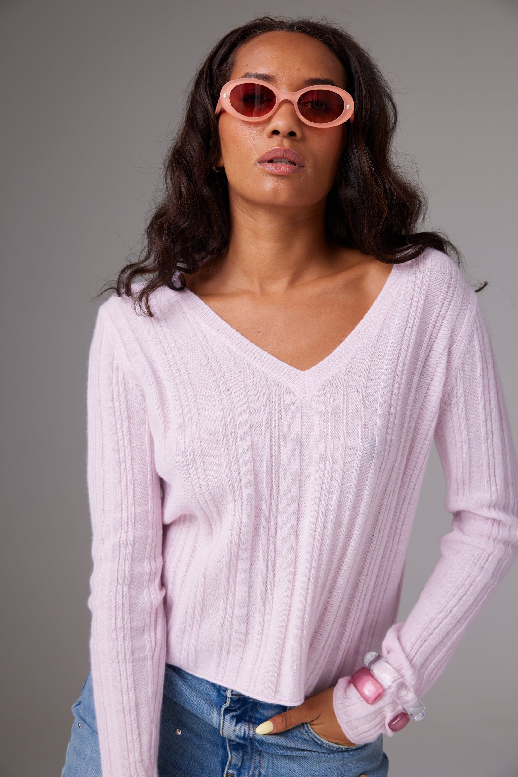 CRUSH | Nadia Rib V Cashmere Top - Lychee