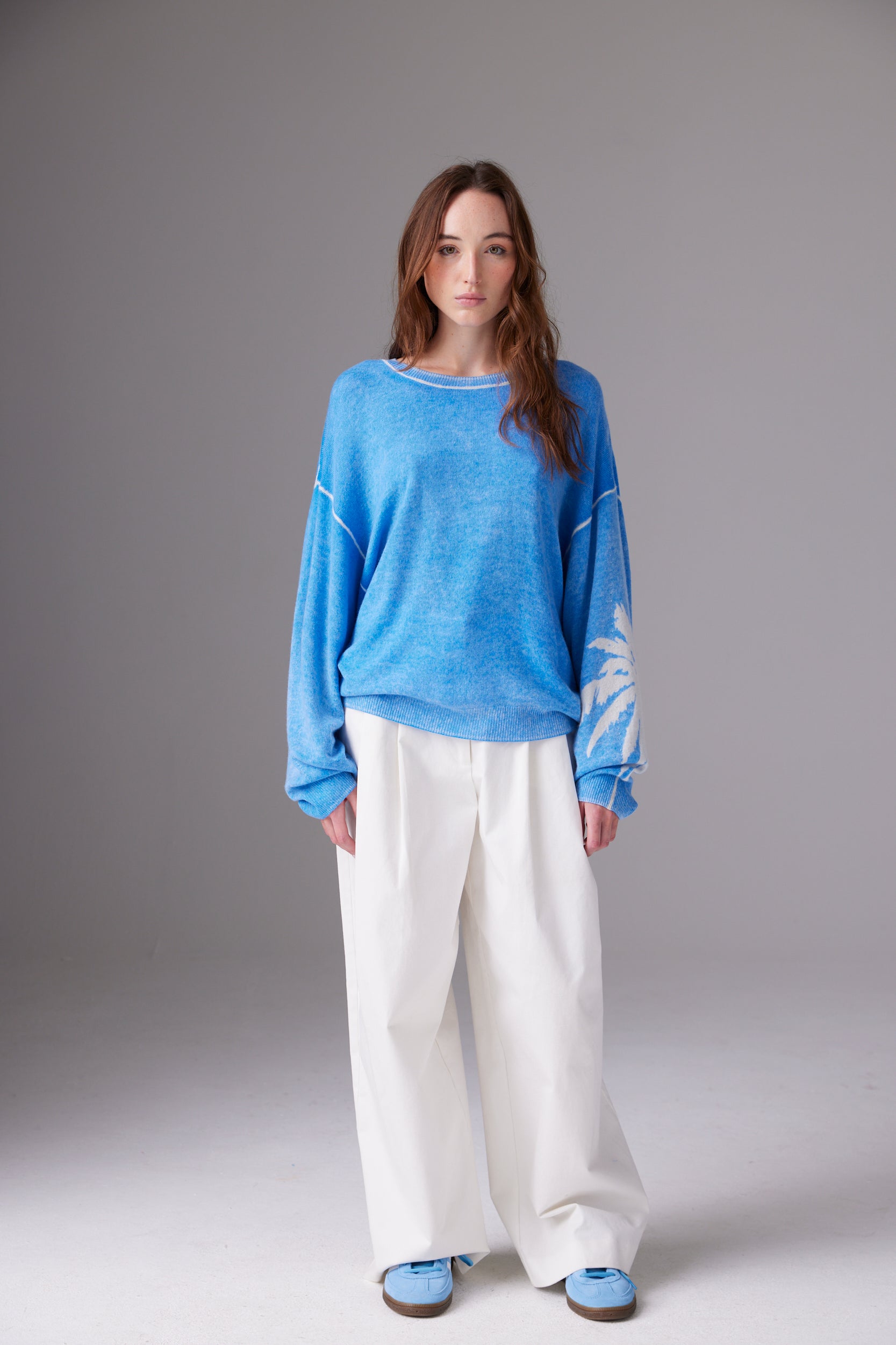 CRUSH | Palm Inked Cashmere Crew Sweater - Sky Mist