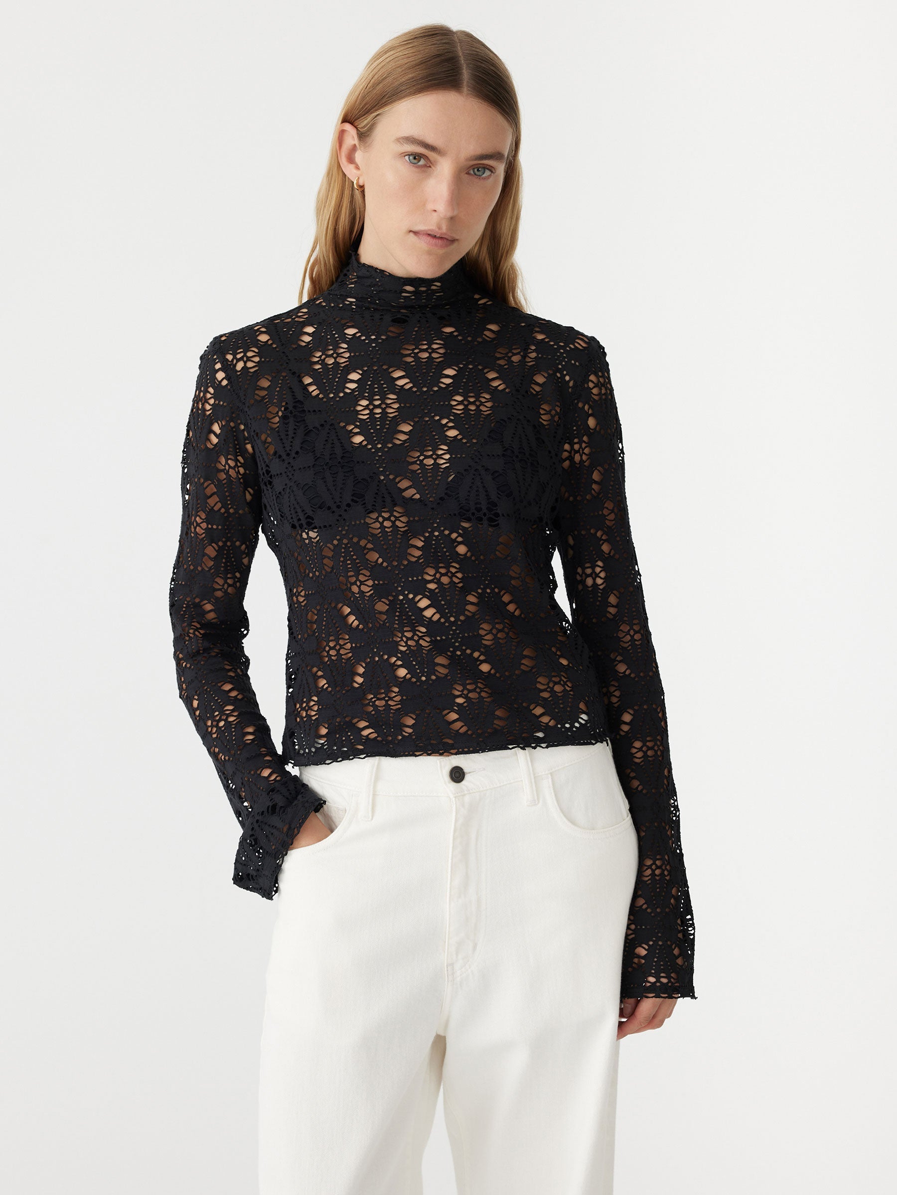 Bassike | Long Sleeve Lace Top - Black