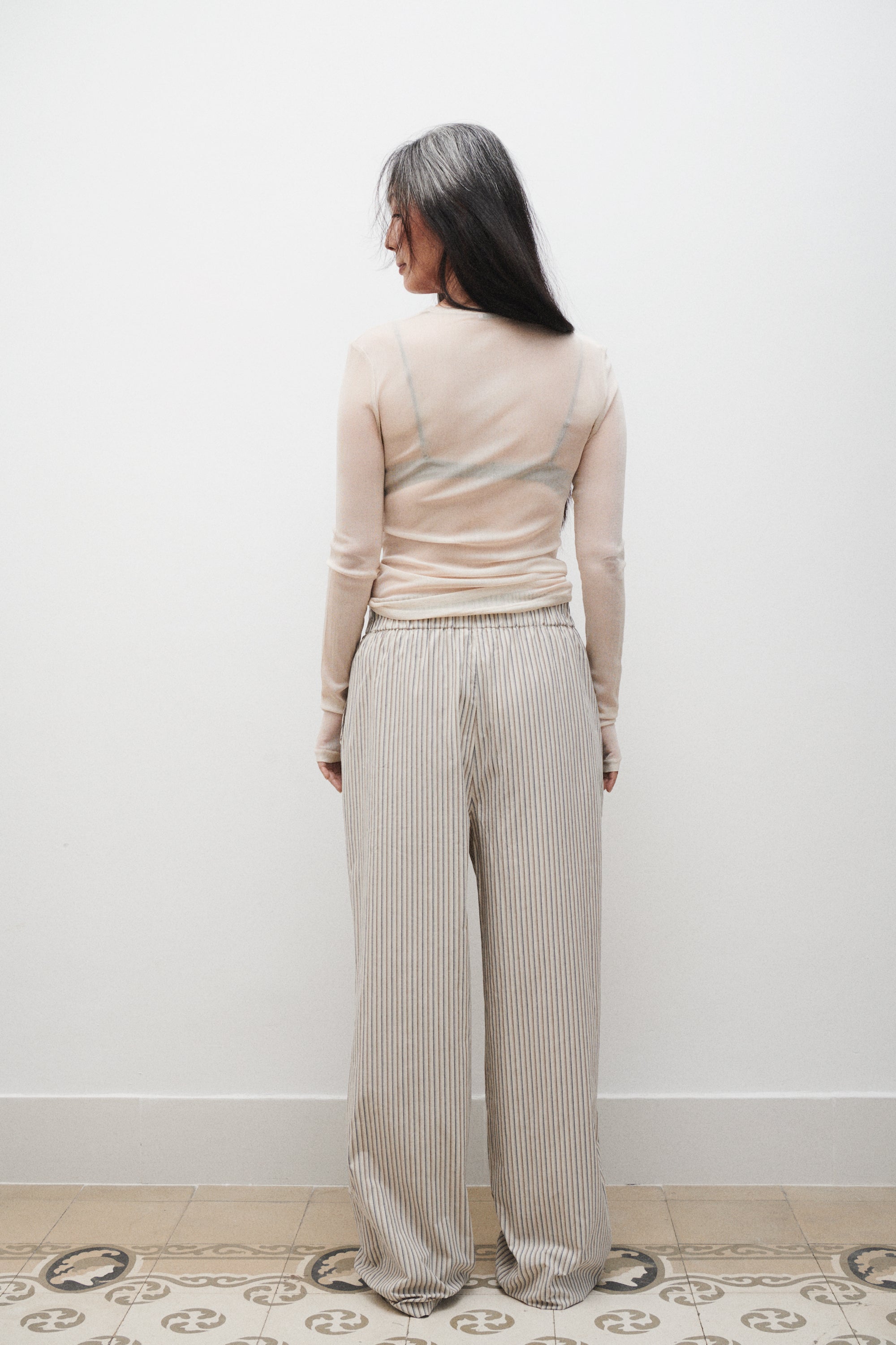 Silk Laundry | Cotton Silk Paper Bag Pants - Slate Stripe