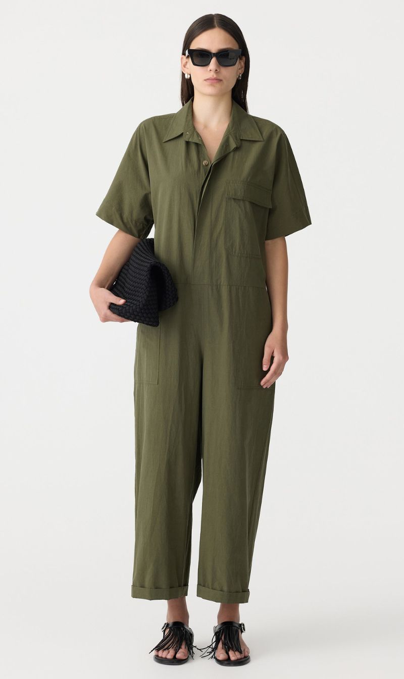 Bassike | Crushed Cotton Jumpsuit - Khaki