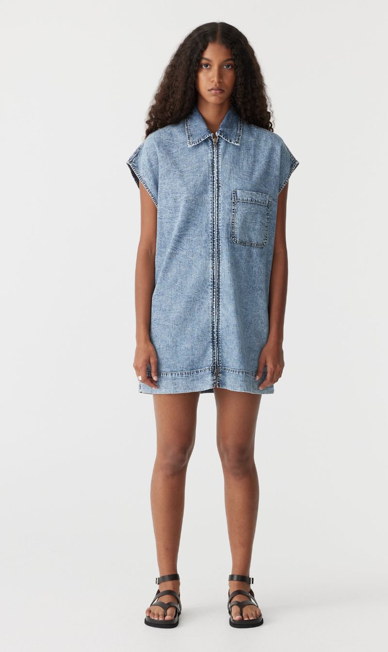 Bassike | Organic Denim Zip Front Dress - Classic Stone Wash