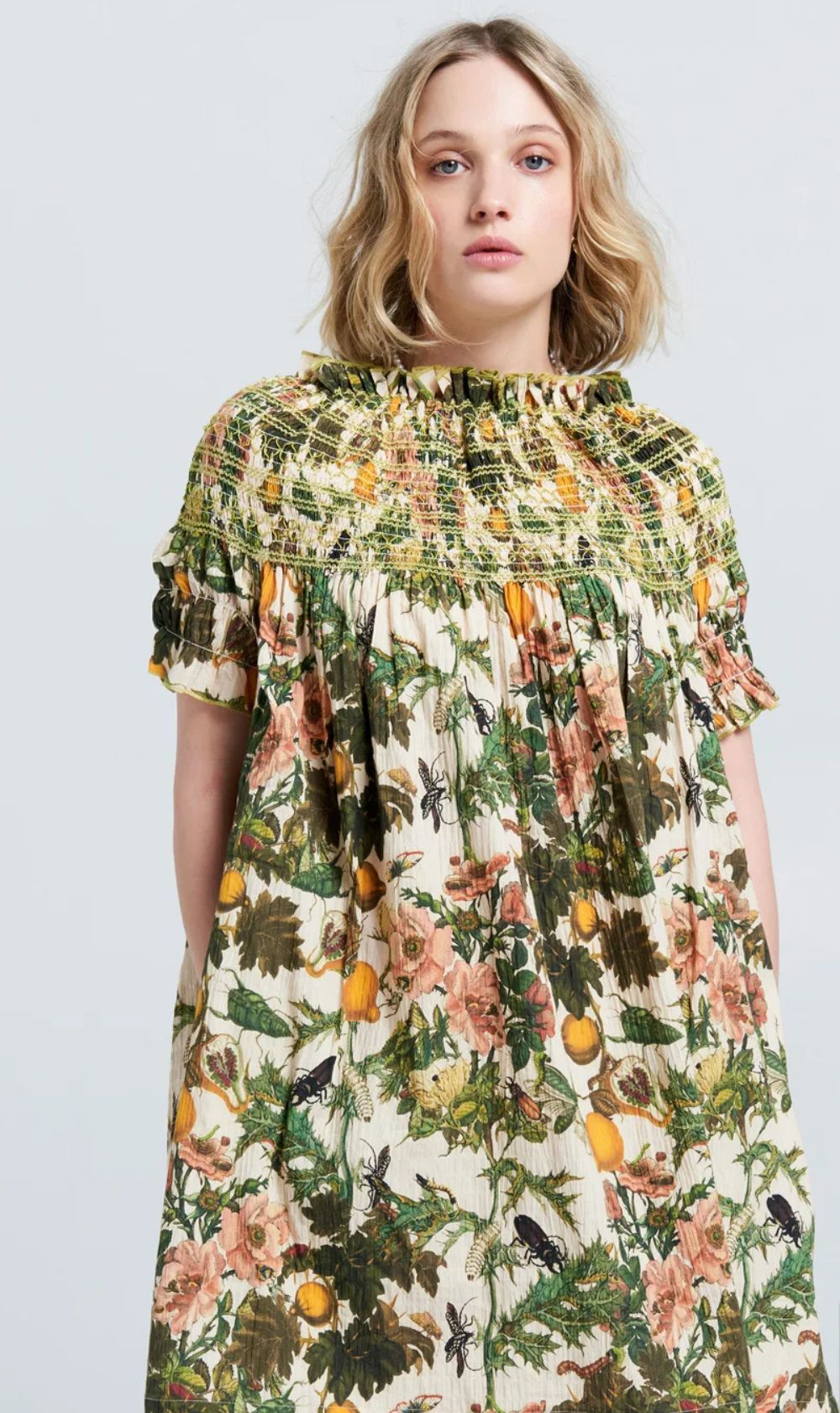 Karen Walker | Gaia Smocked Mini Dress - Macadamia / Green Smocking