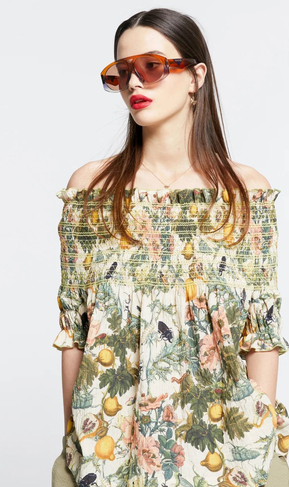 Karen Walker | Gaia Smocked Blouse - Macadamia / Green Smocking