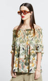 Karen Walker | Gaia Smocked Blouse - Macadamia / Green Smocking