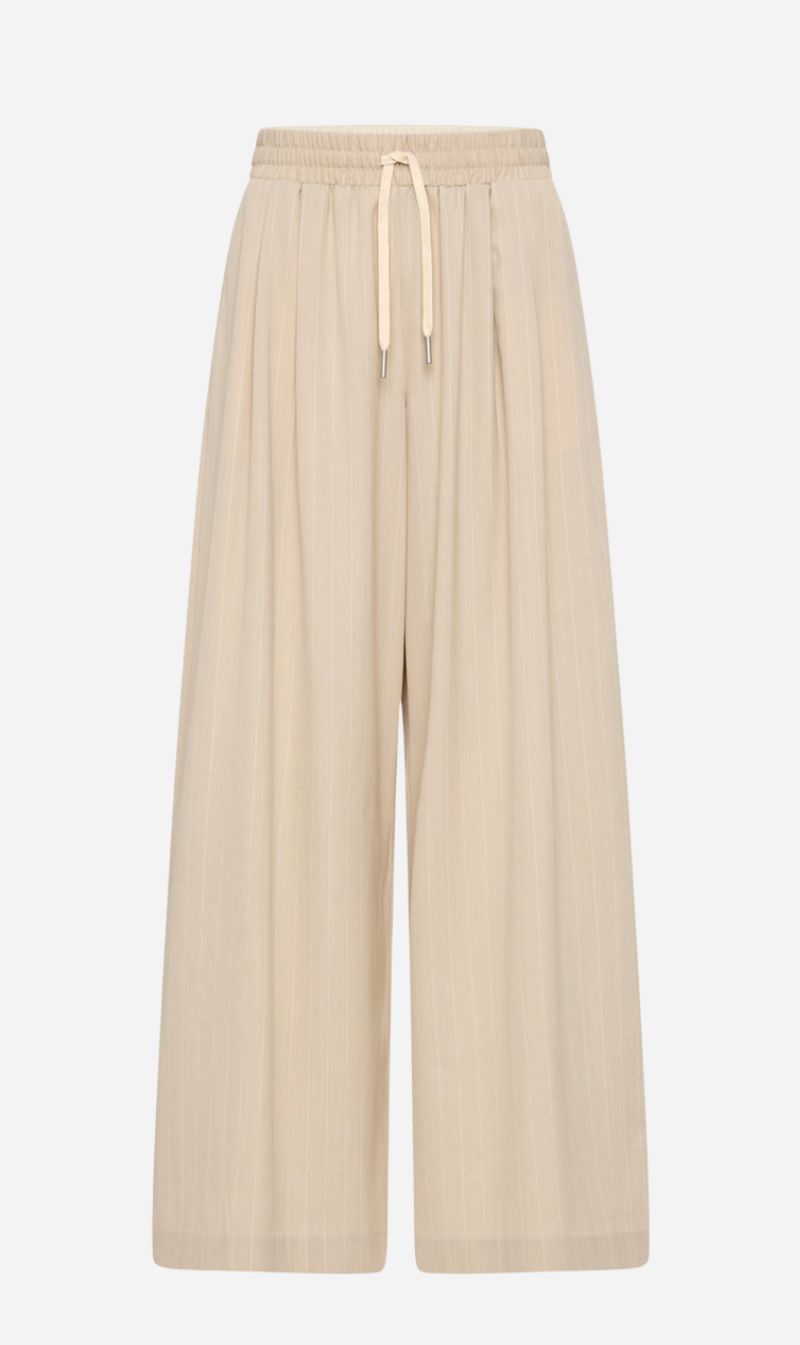 St Agni | Pinstripe Wool Drawstring Pants - Latte