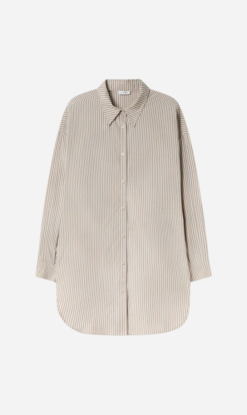 Silk Laundry | Cotton Silk Round Shirt - Slate Stripe