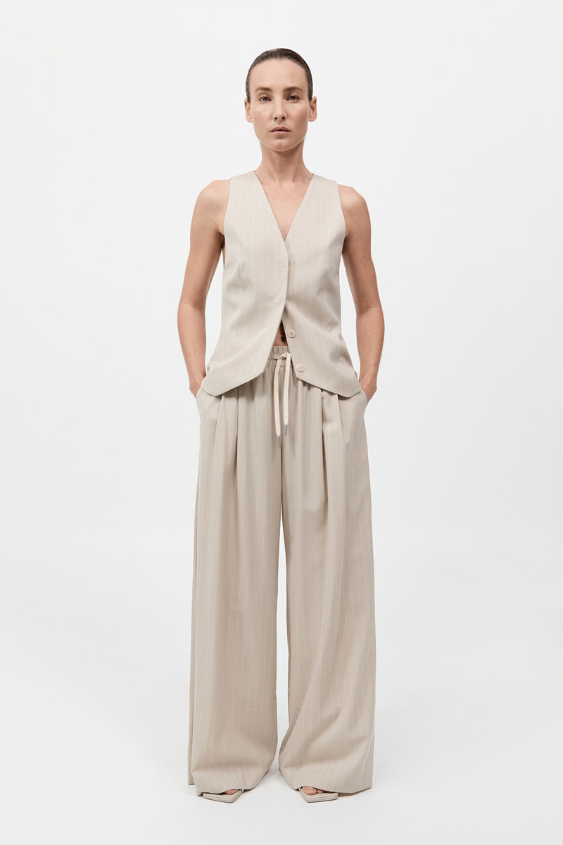 St Agni | Pinstripe Wool Drawstring Pants - Latte