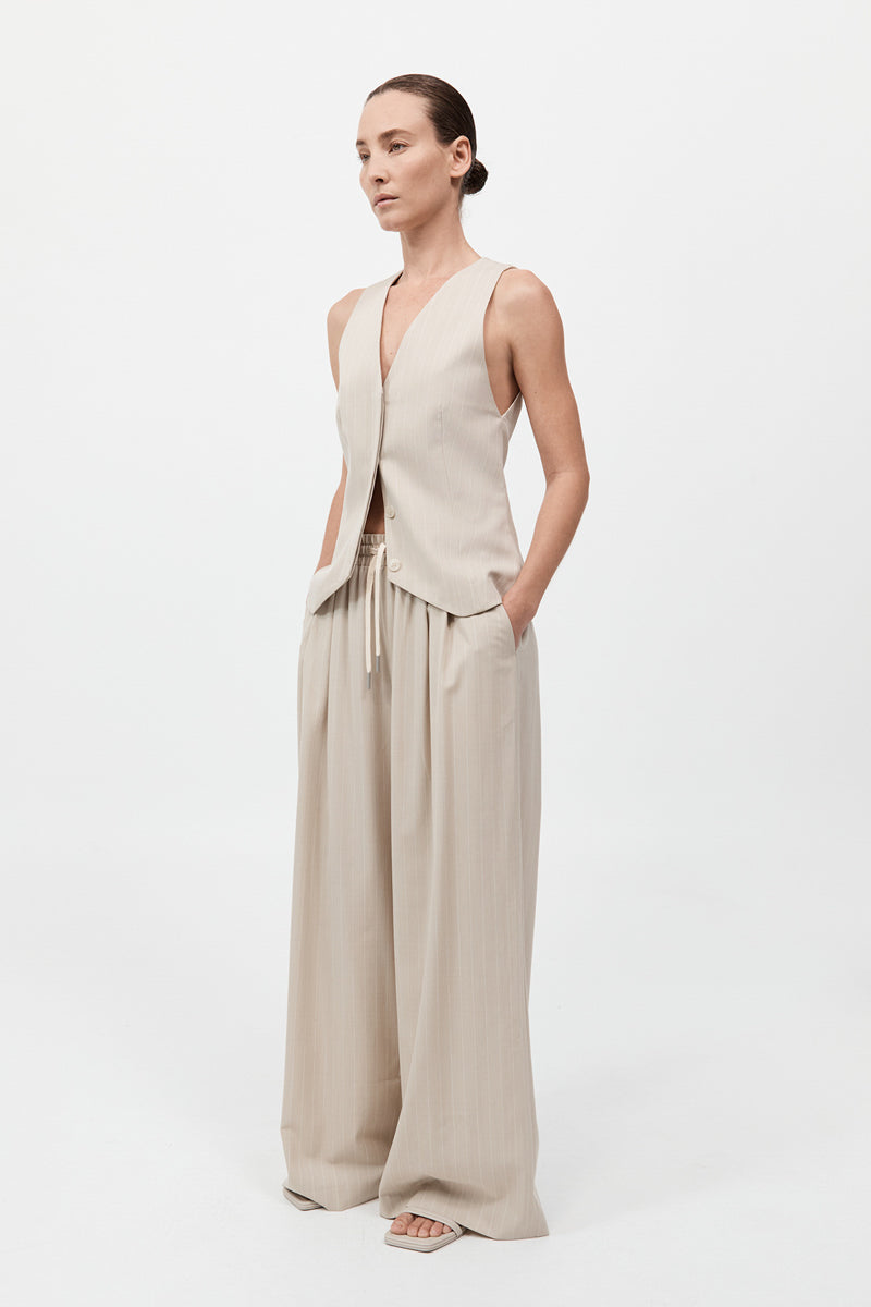 St Agni | Pinstripe Wool Drawstring Pants - Latte