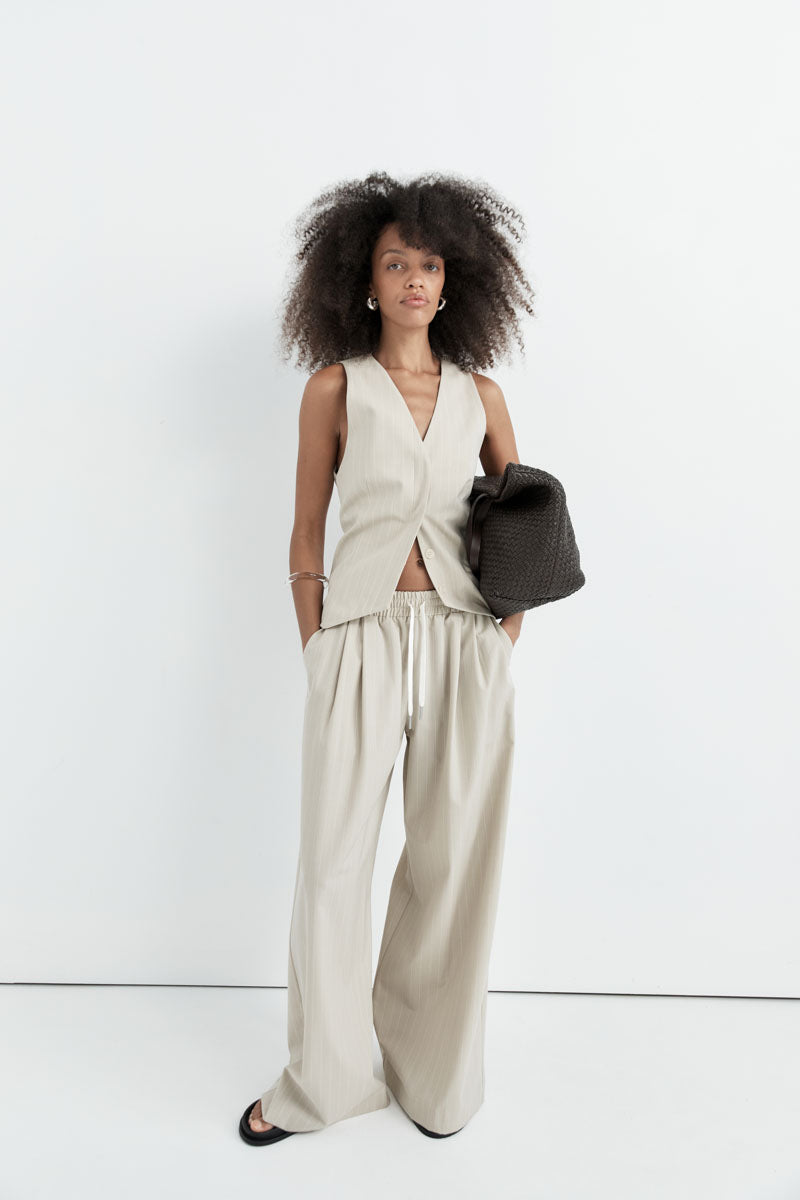 St Agni | Pinstripe Wool Drawstring Pants - Latte