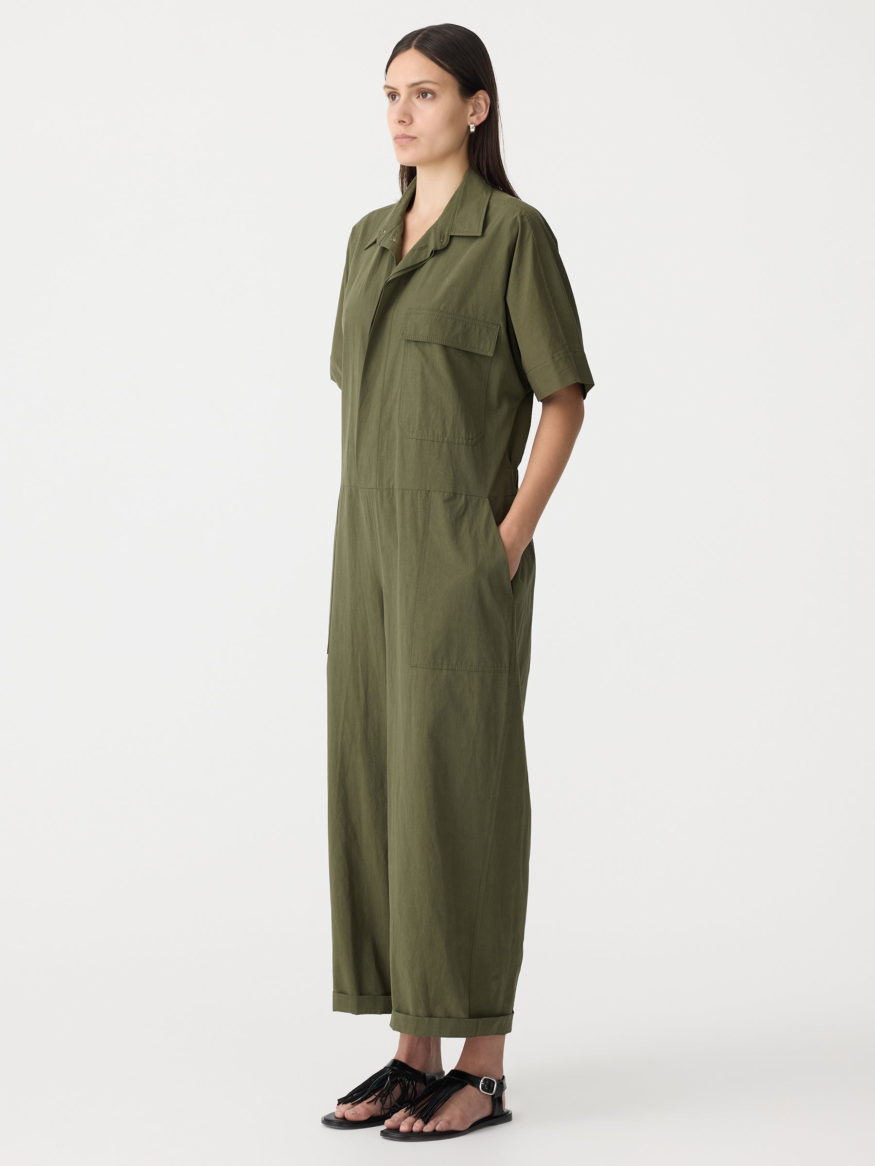 Bassike | Crushed Cotton Jumpsuit - Khaki