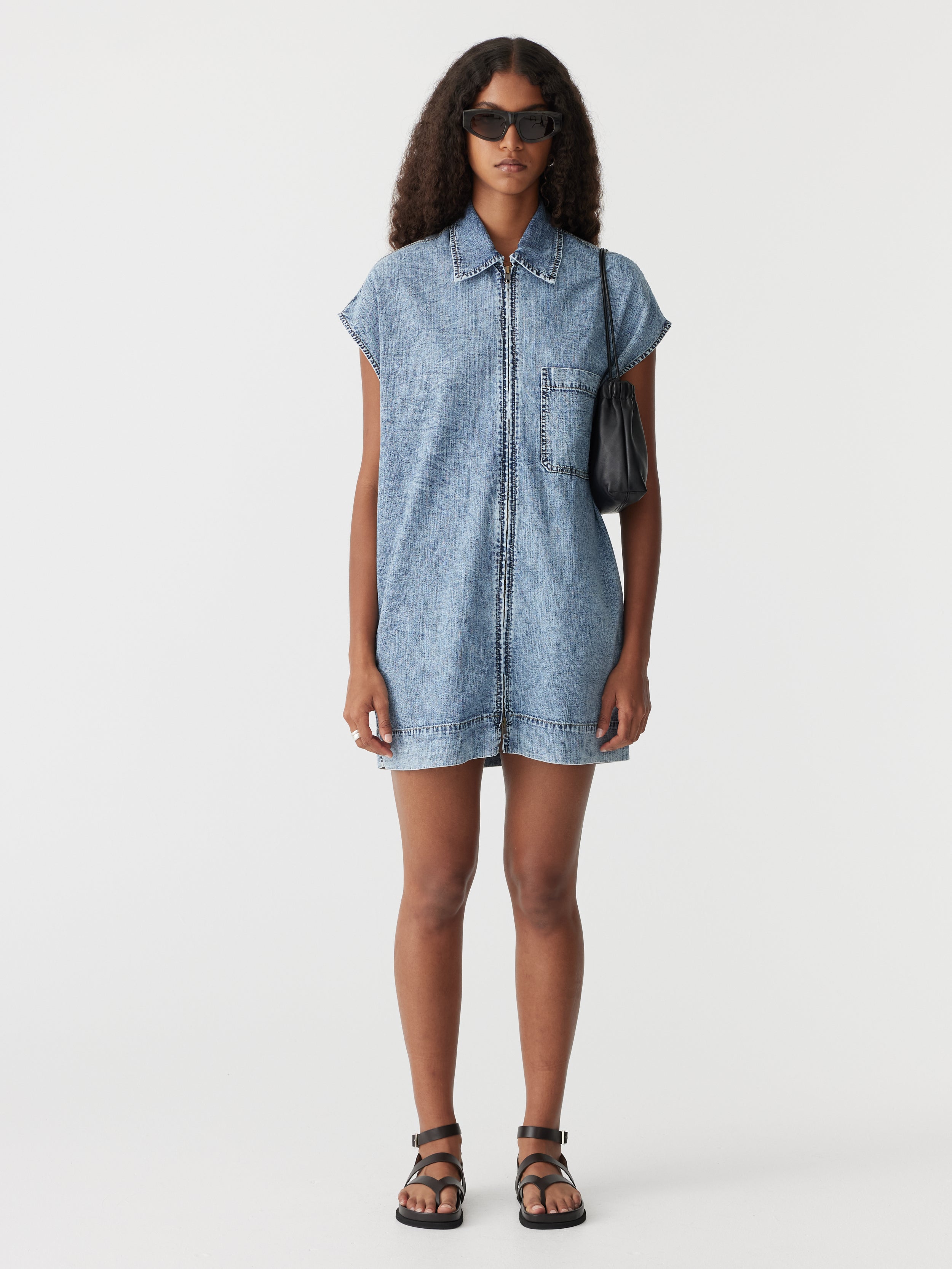 Bassike | Organic Denim Zip Front Dress - Classic Stone Wash