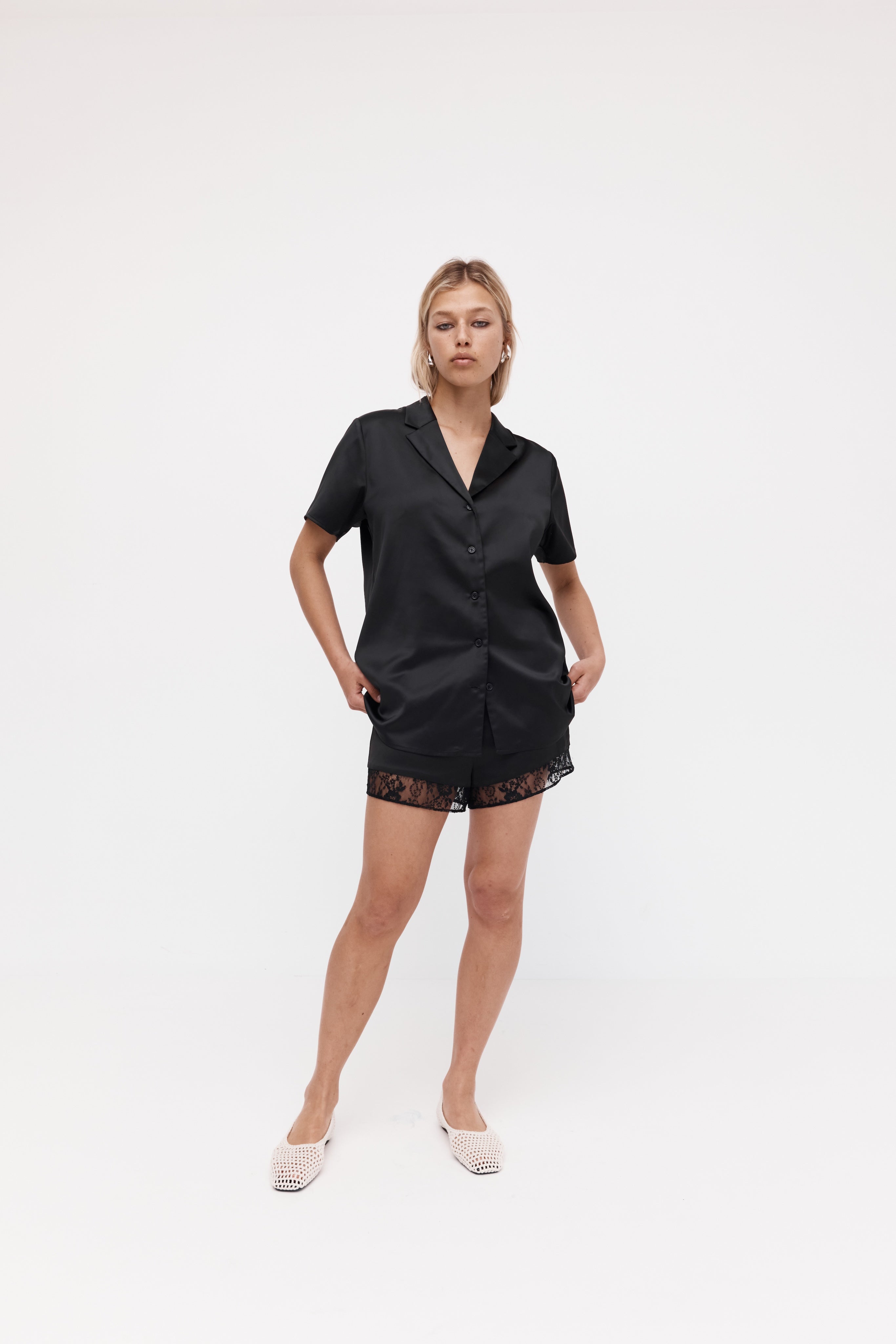 Rebe | Short Sleeve Silky Shirt - Black