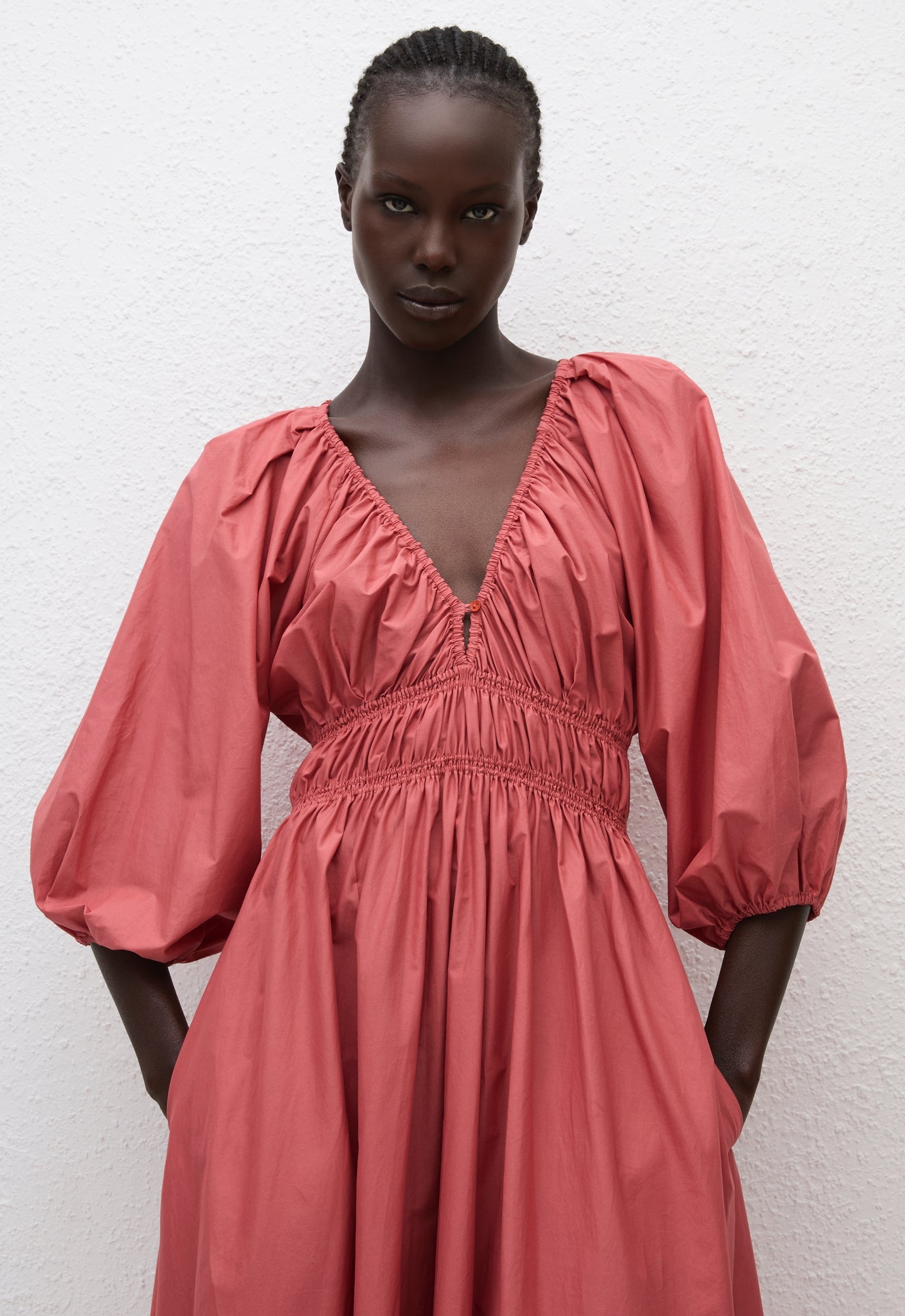 Matteau | Shirred Plunge Button Dress - Rose