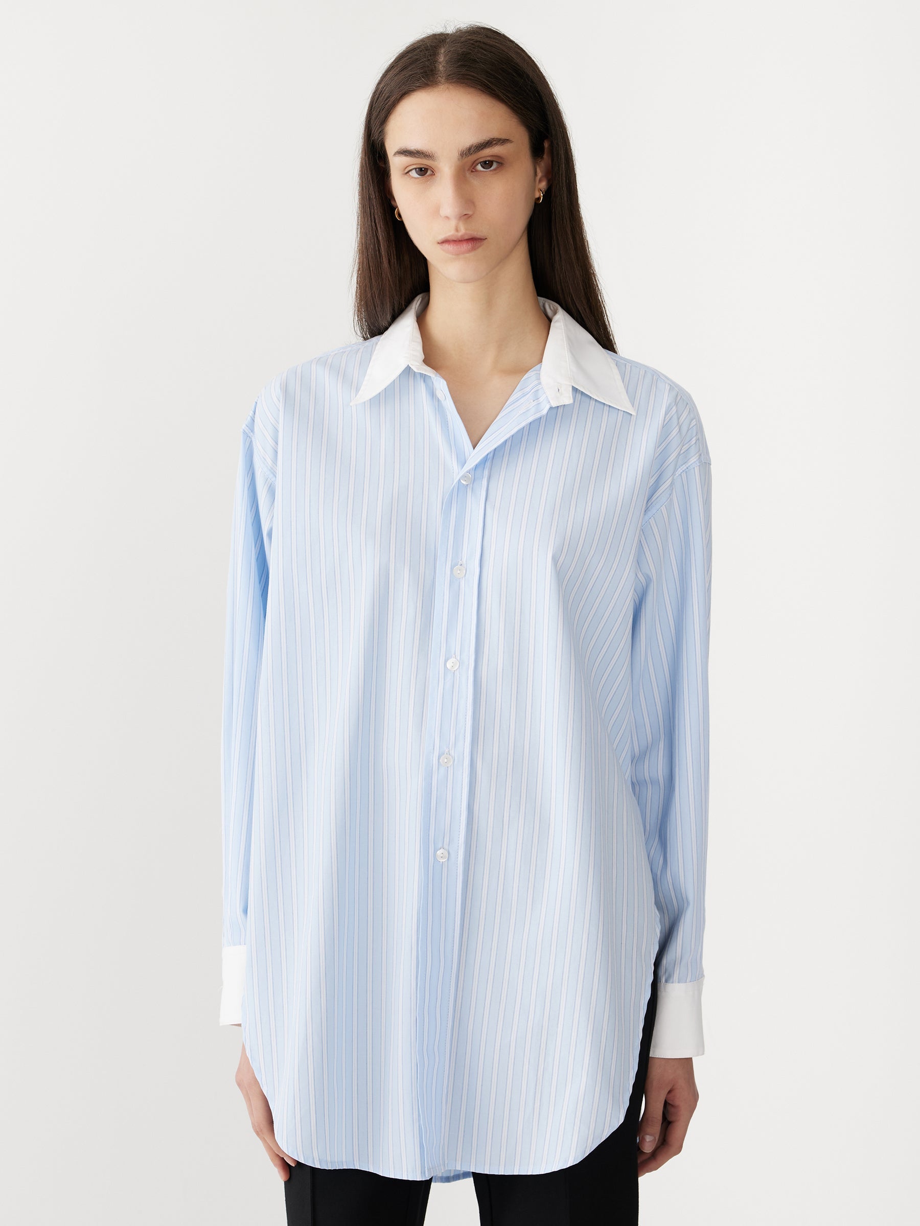 Bassike | Stripe Scoop Hem Shirt - Light Blue/White