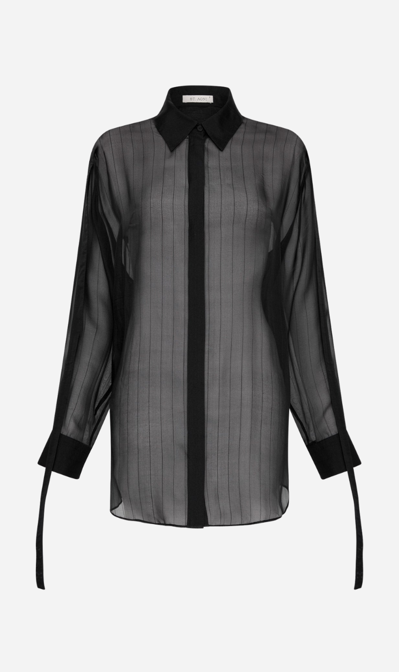 St Agni | Pinstripe Silk Shirt - Black