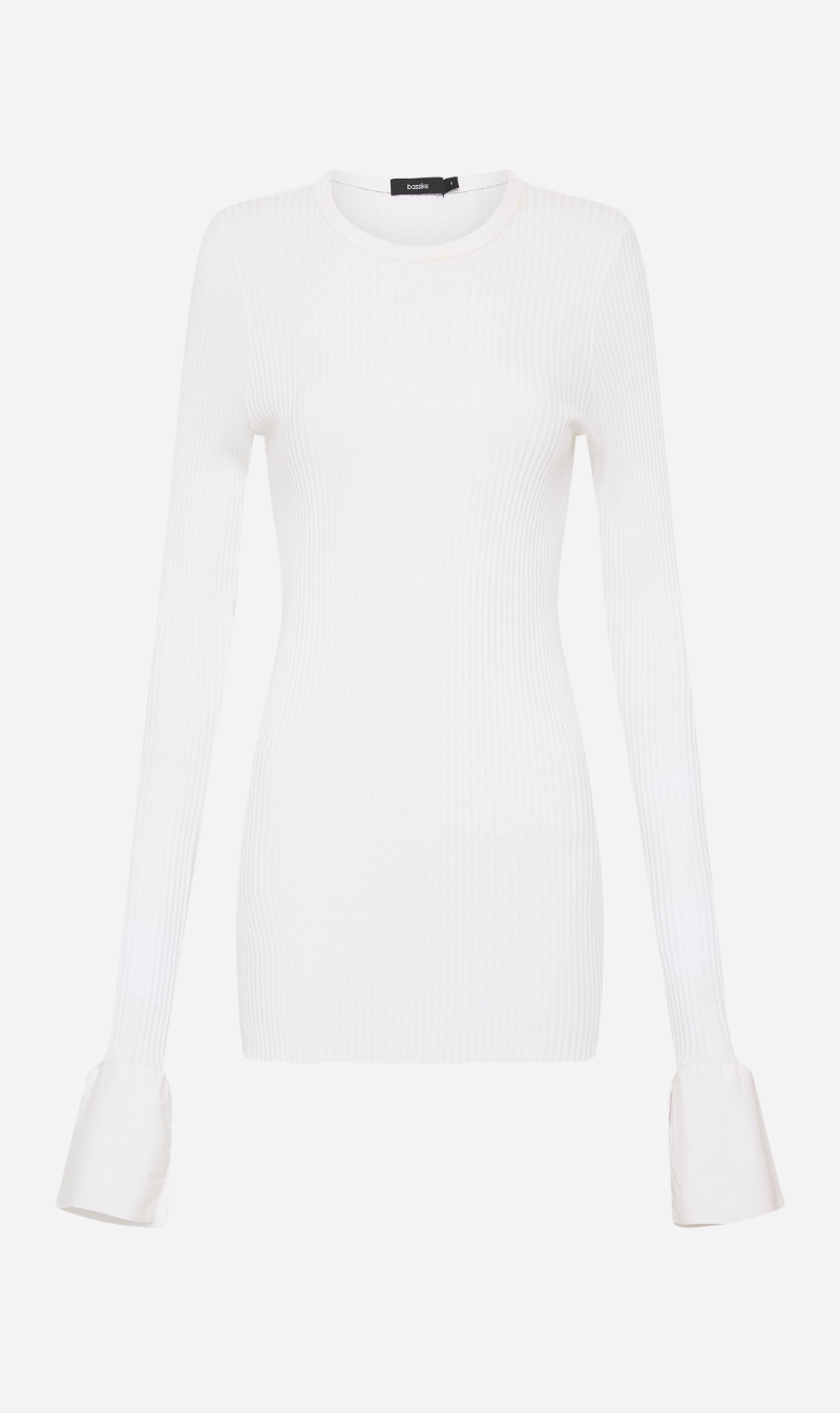 Bassike | Contrast Cuff Rib Long Sleeve T.Shirt - White