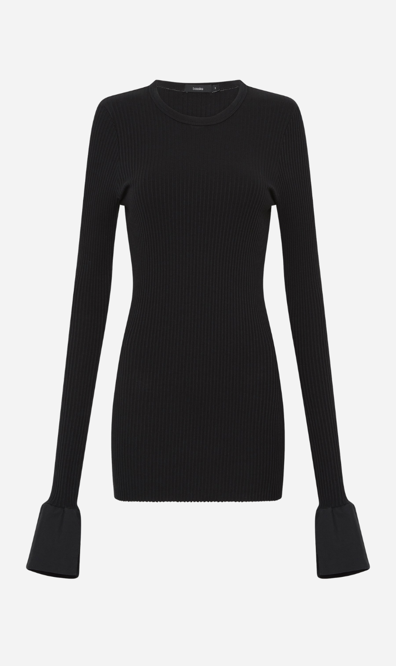 Bassike | Contrast Cuff Rib Long Sleeve T.Shirt - Black