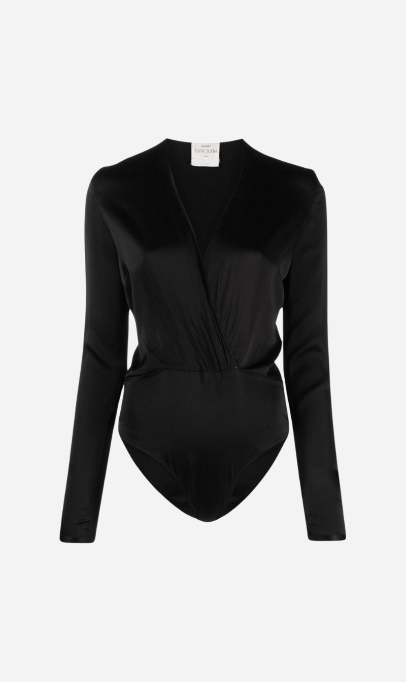 Forte Forte | Stretch Silk Satin Long Sleeve Bodysuit - Nero