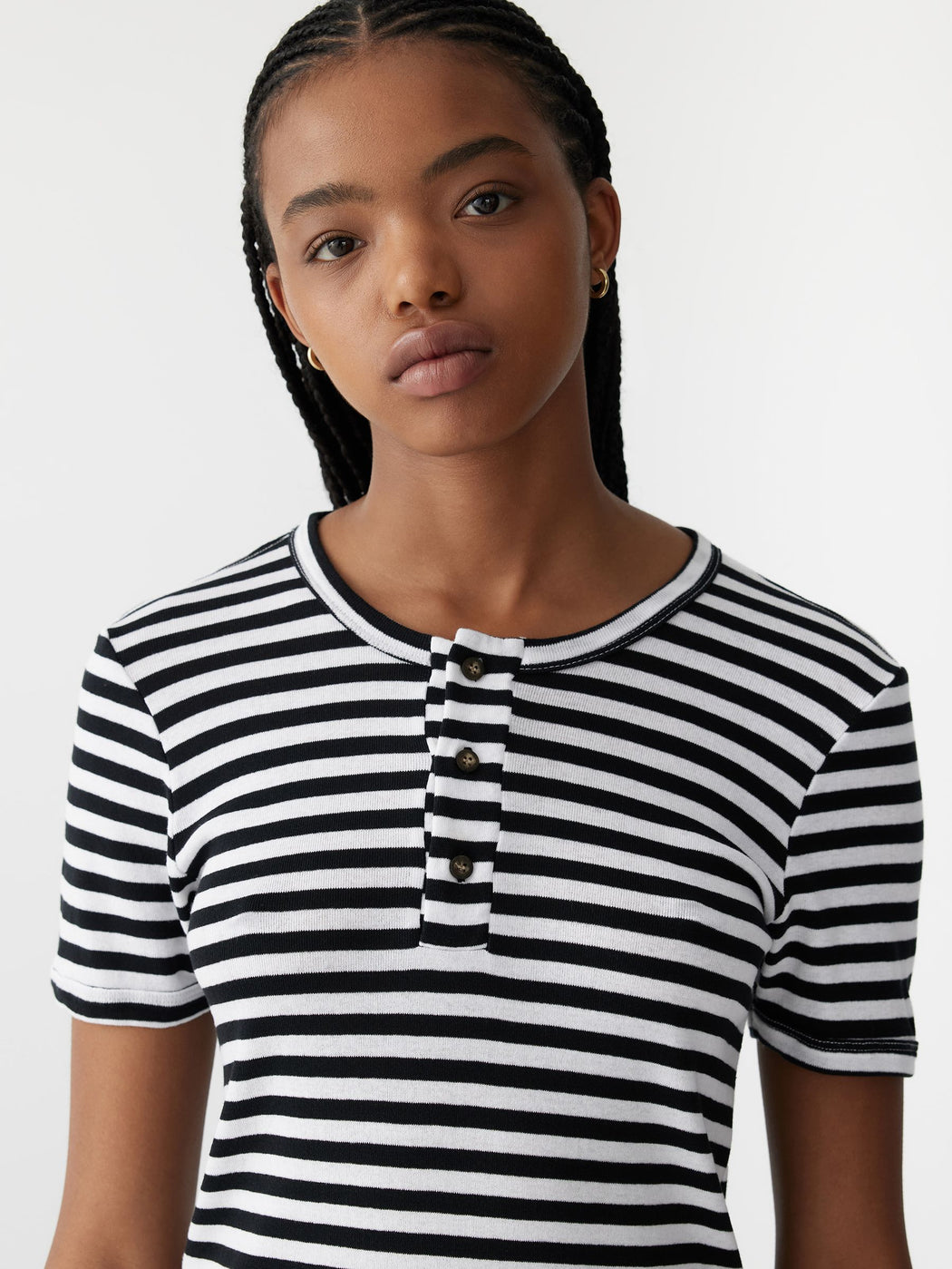 Bassike | Stripe Rib Placket Short Sleeve T.Shirt - Black/White