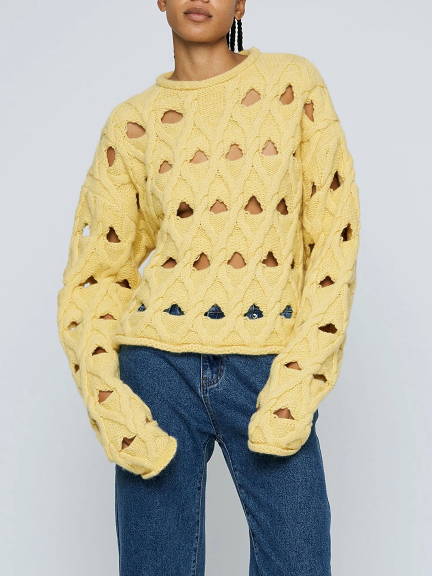 Wynn Hamlyn | Cable Knit Holey Sweater - Lemon