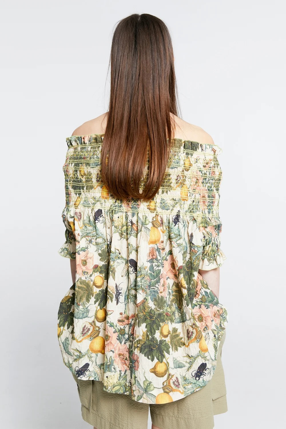 Karen Walker | Gaia Smocked Blouse - Macadamia / Green Smocking