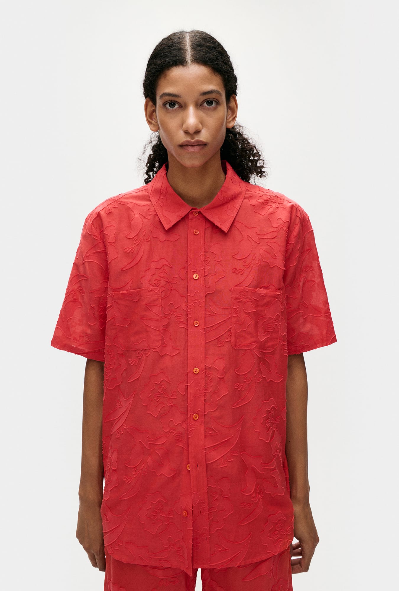 Silk Laundry | Clip Silk Short Sleeve Boyfriend Shirt - Geranium